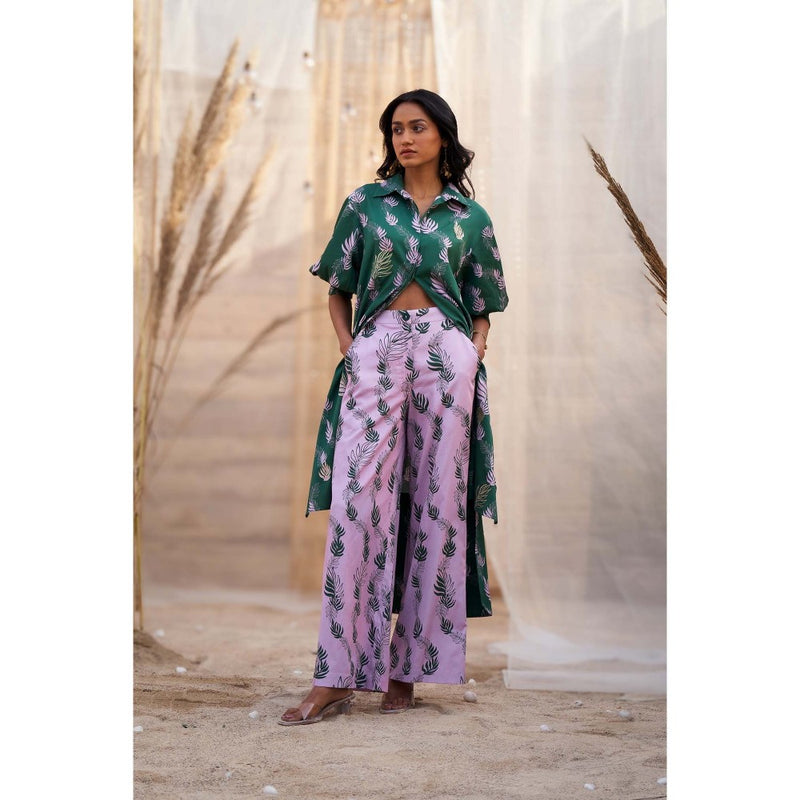 Charkhee Green Hi Lo Printed Kurta with Flared Pant (Set of 2)