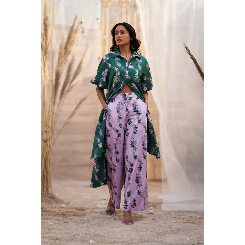 Charkhee Green Hi Lo Printed Kurta with Flared Pant (Set of 2)
