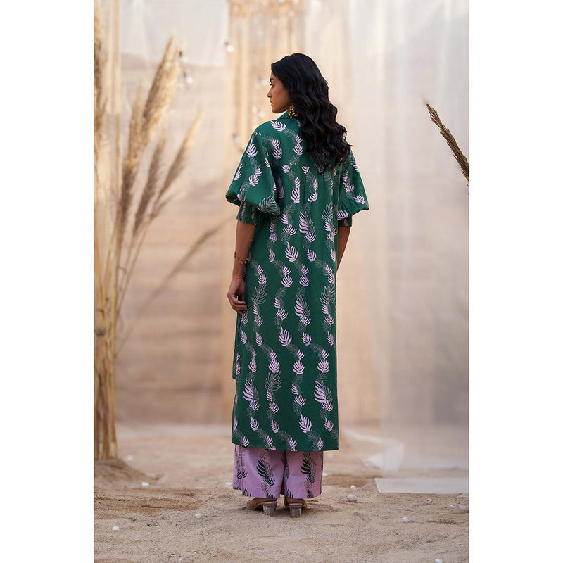 Charkhee Green Hi Lo Printed Kurta with Flared Pant (Set of 2)