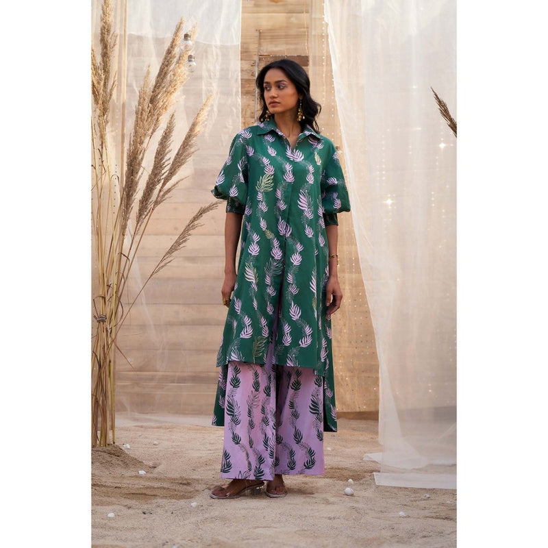 Charkhee Green Hi Lo Printed Kurta with Flared Pant (Set of 2)