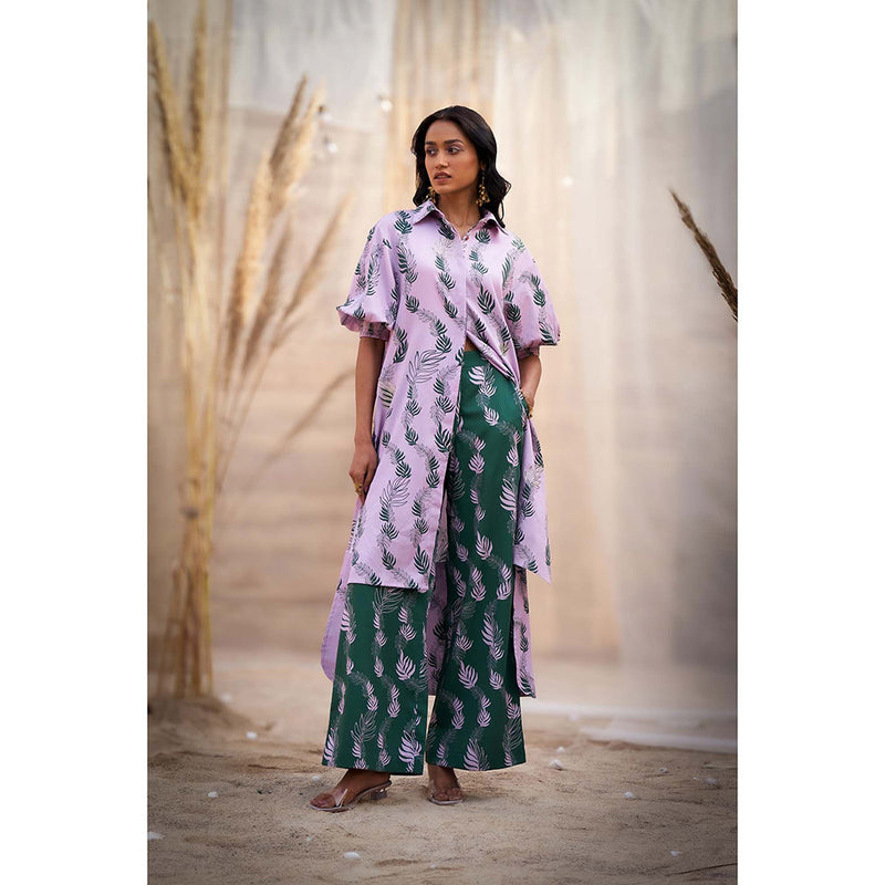 Charkhee Lavender Hi Lo Printed Kurta with Flared Pant (Set of 2)