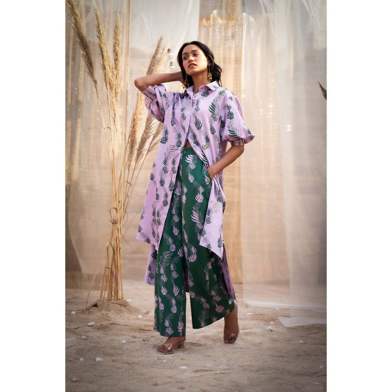 Charkhee Lavender Hi Lo Printed Kurta with Flared Pant (Set of 2)