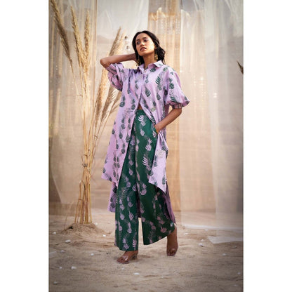 Charkhee Lavender Hi Lo Printed Kurta with Flared Pant (Set of 2)