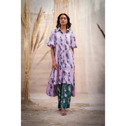 Charkhee Lavender Hi Lo Printed Kurta with Flared Pant (Set of 2)