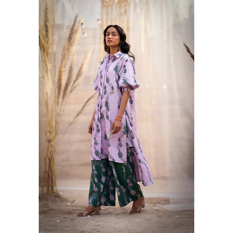 Charkhee Lavender Hi Lo Printed Kurta with Flared Pant (Set of 2)