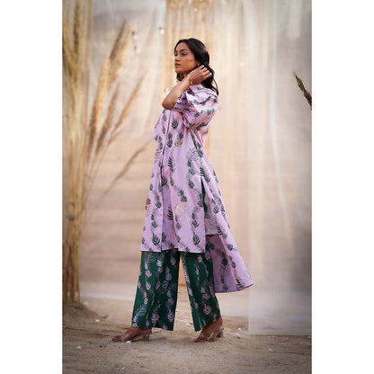 Charkhee Lavender Hi Lo Printed Kurta with Flared Pant (Set of 2)