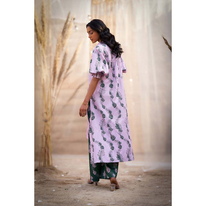 Charkhee Lavender Hi Lo Printed Kurta with Flared Pant (Set of 2)