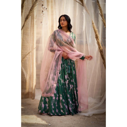 Charkhee Green Printed Lehenga with Blouse and Dupatta (Set of 3)