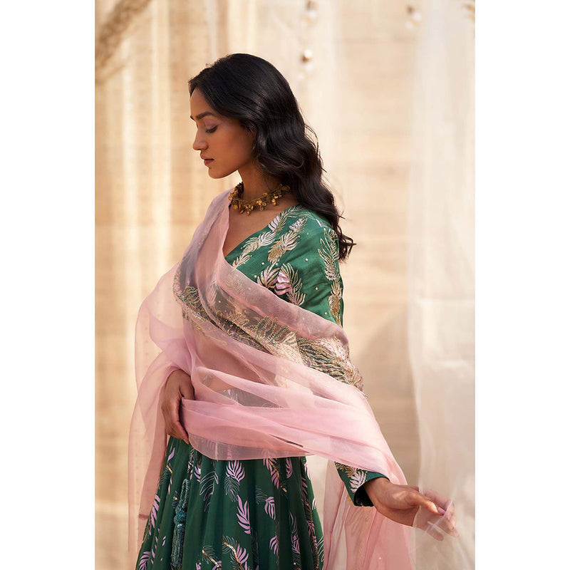 Charkhee Green Printed Lehenga with Blouse and Dupatta (Set of 3)