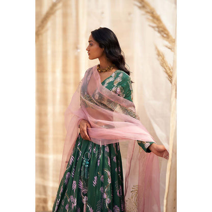 Charkhee Green Printed Lehenga with Blouse and Dupatta (Set of 3)