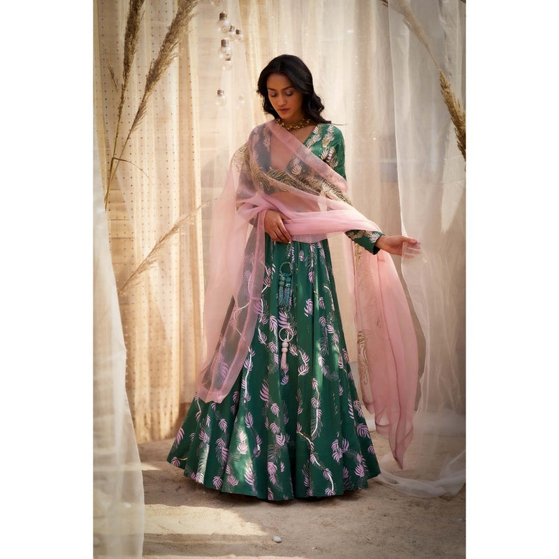 Charkhee Green Printed Lehenga with Blouse and Dupatta (Set of 3)