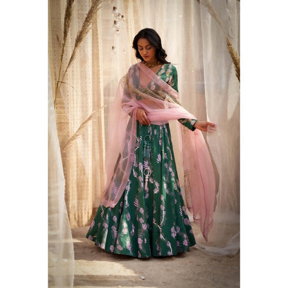 Charkhee Green Printed Lehenga with Blouse and Dupatta (Set of 3)