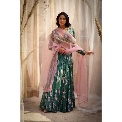Charkhee Green Printed Lehenga with Blouse and Dupatta (Set of 3)