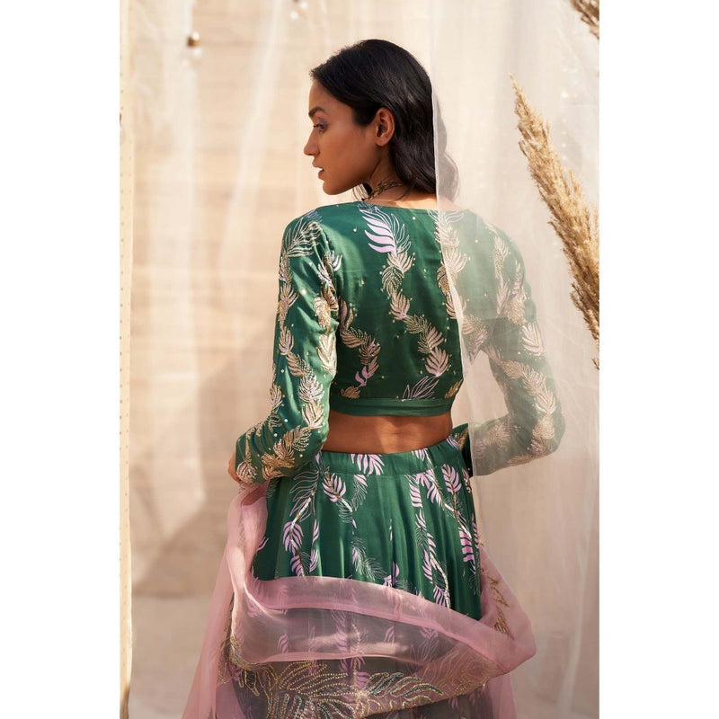 Charkhee Green Printed Lehenga with Blouse and Dupatta (Set of 3)