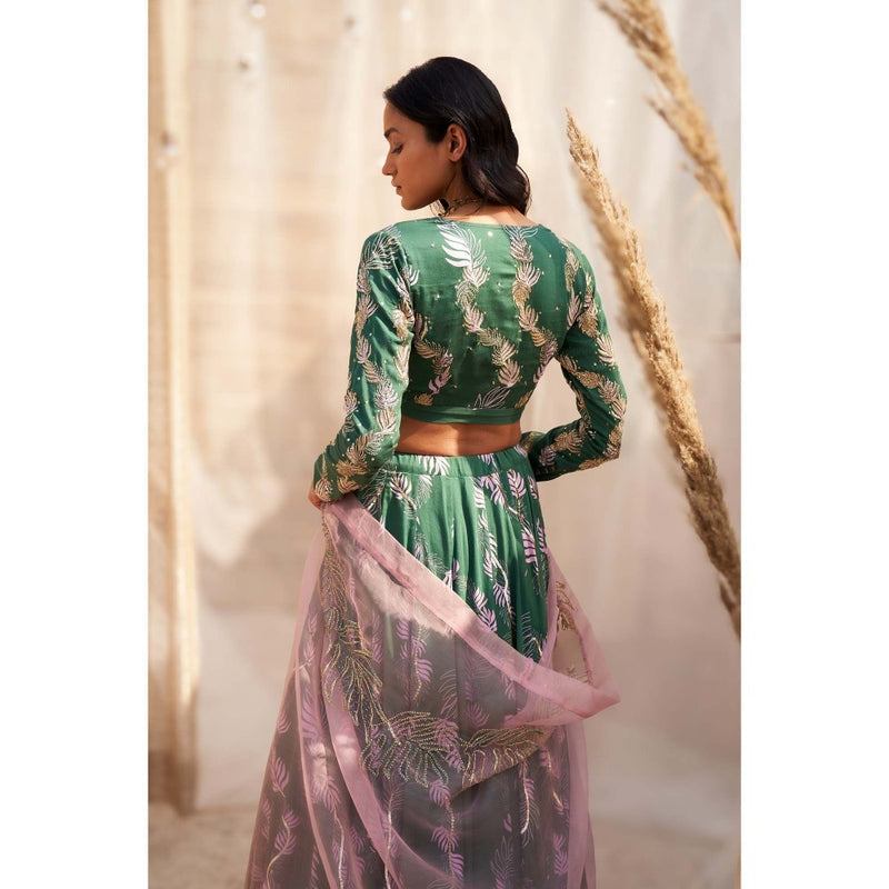 Charkhee Green Printed Lehenga with Blouse and Dupatta (Set of 3)