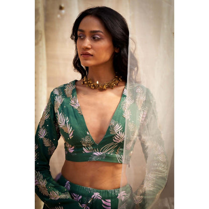 Charkhee Green Printed Lehenga with Blouse and Dupatta (Set of 3)