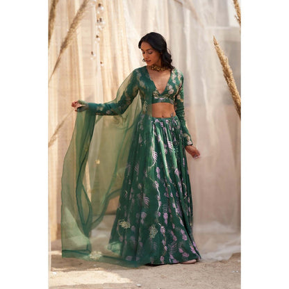 Charkhee Green Printed Lehenga with Blouse and Dupatta (Set of 3)