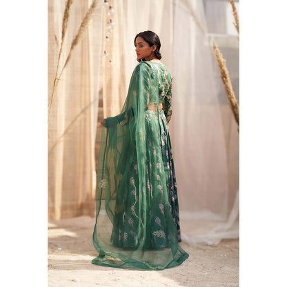Charkhee Green Printed Lehenga with Blouse and Dupatta (Set of 3)