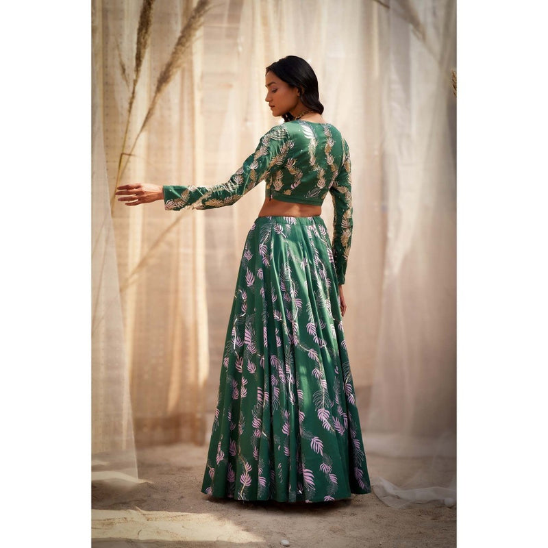 Charkhee Green Printed Lehenga with Blouse and Dupatta (Set of 3)