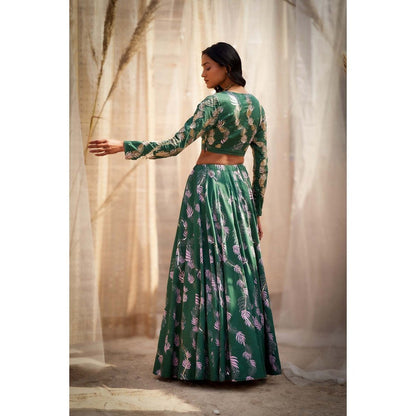 Charkhee Green Printed Lehenga with Blouse and Dupatta (Set of 3)