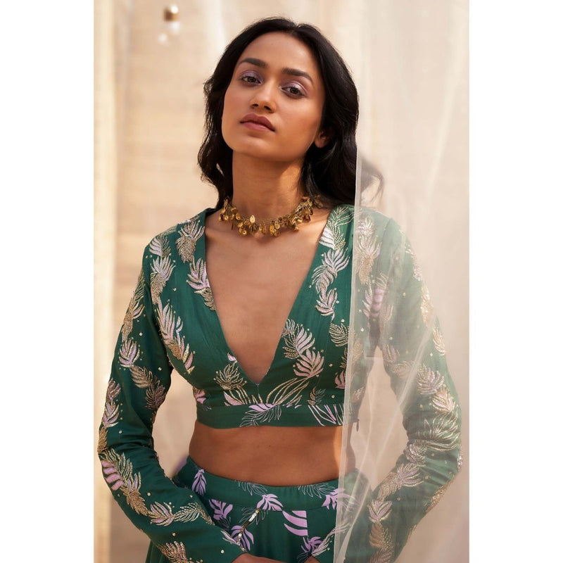 Charkhee Green Printed Lehenga with Blouse and Dupatta (Set of 3)