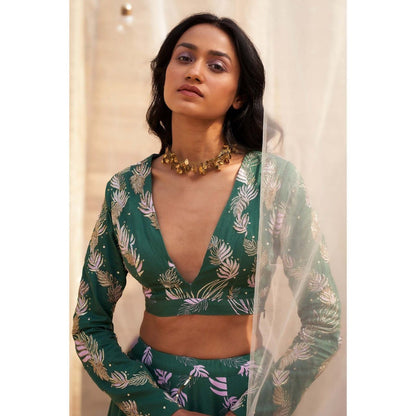 Charkhee Green Printed Lehenga with Blouse and Dupatta (Set of 3)