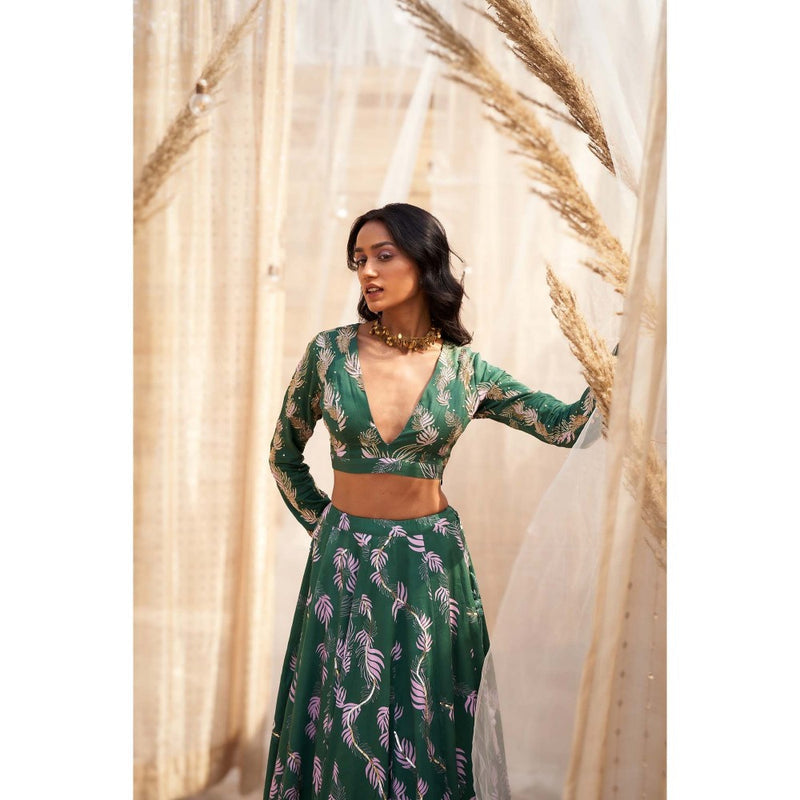Charkhee Green Printed Lehenga with Blouse and Dupatta (Set of 3)