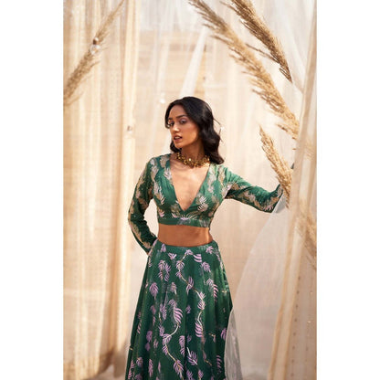 Charkhee Green Printed Lehenga with Blouse and Dupatta (Set of 3)