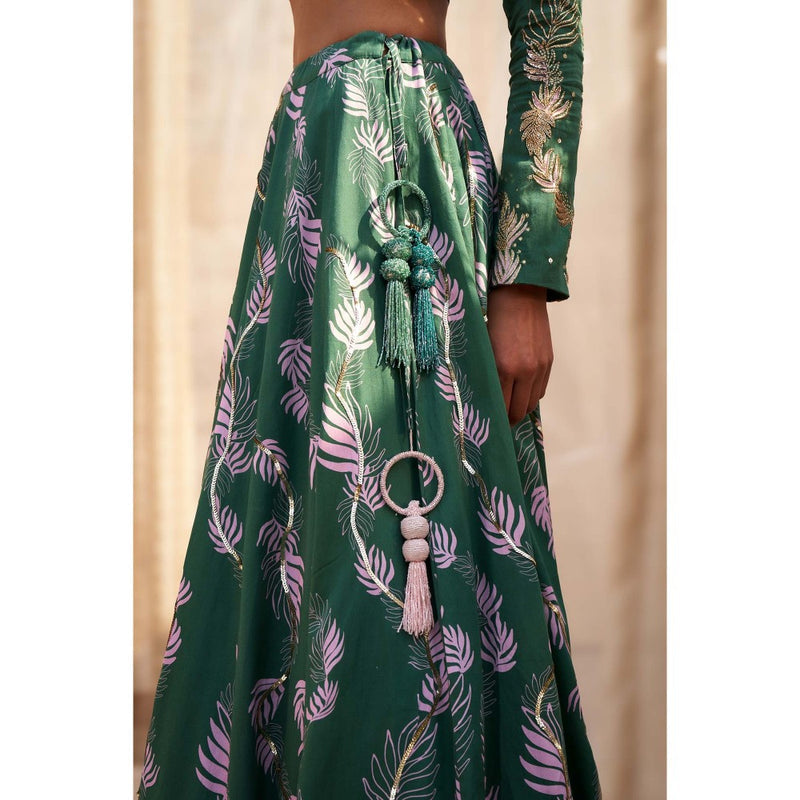 Charkhee Green Printed Lehenga with Blouse and Dupatta (Set of 3)