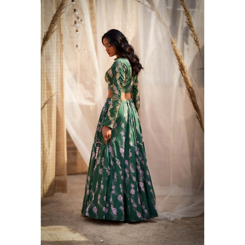 Charkhee Green Printed Lehenga with Blouse and Dupatta (Set of 3)