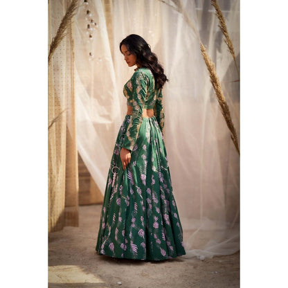 Charkhee Green Printed Lehenga with Blouse and Dupatta (Set of 3)