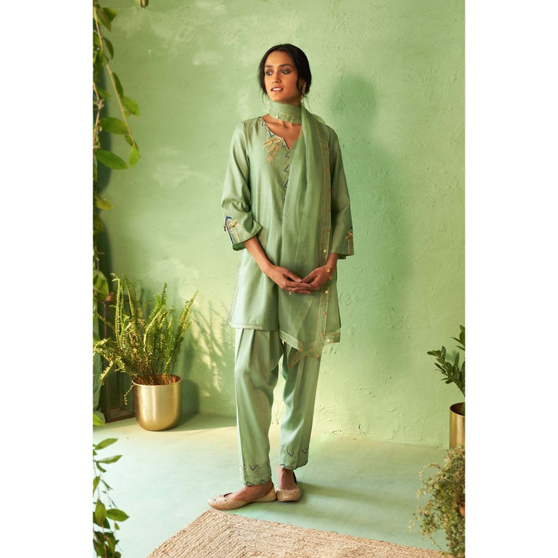 Charkhee Green Kinaara Short Kurti with Salwar and Dupatta