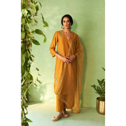 Charkhee Mustard Kinaara Kurta with Pant and Dupatta
