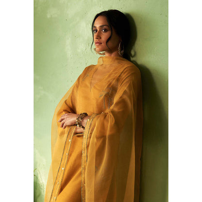 Charkhee Mustard Kinaara Kurta with Pant and Dupatta