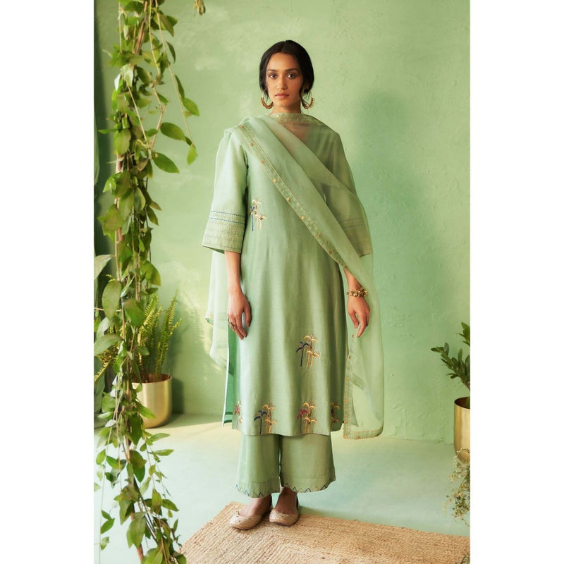 Charkhee Green Kinaara Kurta with Pant and Dupatta