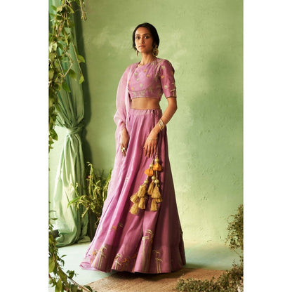 Charkhee Pink Kinaara Lehenga with Blouse and Dupatta