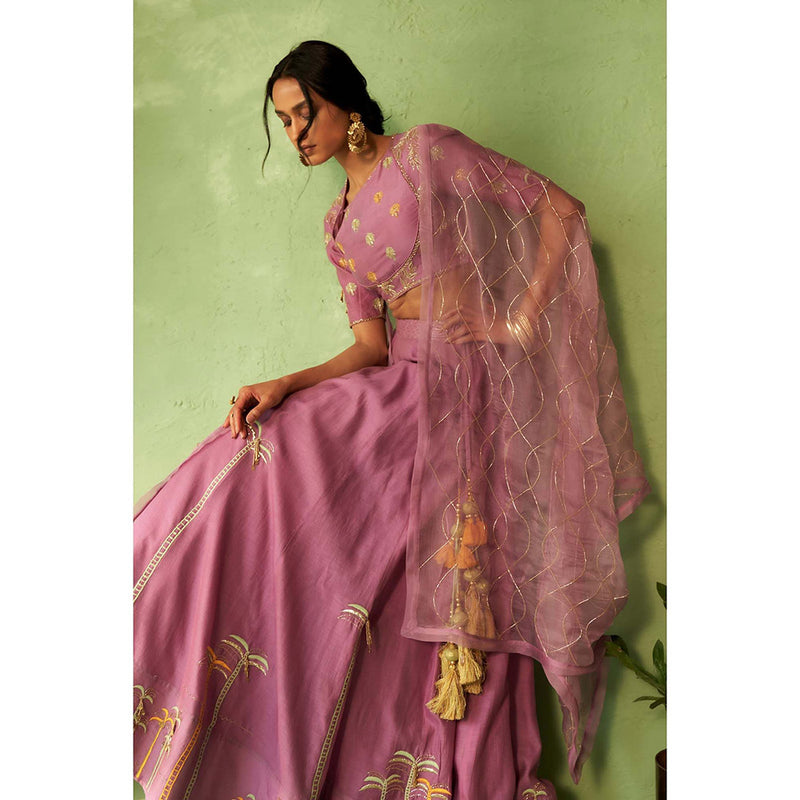 Charkhee Pink Kinaara Lehenga with Blouse and Dupatta