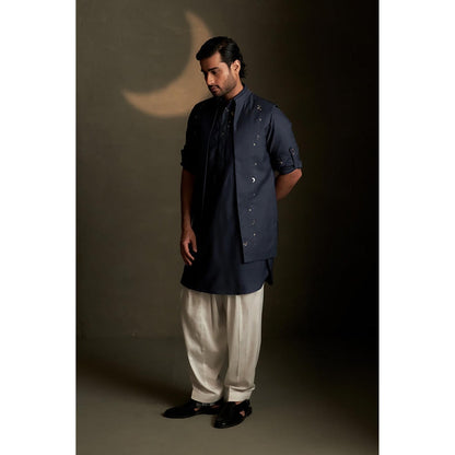 Charkhee Blue Dusk Pathani Kurta with Pyjama and Jacket