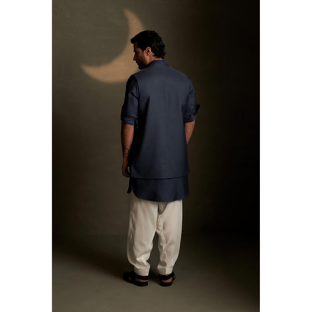 Charkhee Blue Dusk Pathani Kurta with Pyjama and Jacket