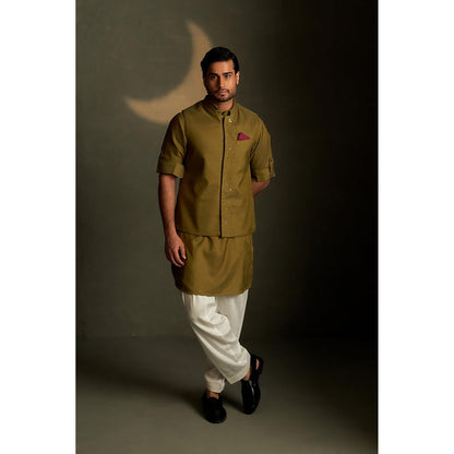Charkhee Olive Dusk Pathani Kurta and Salwar with Bundi