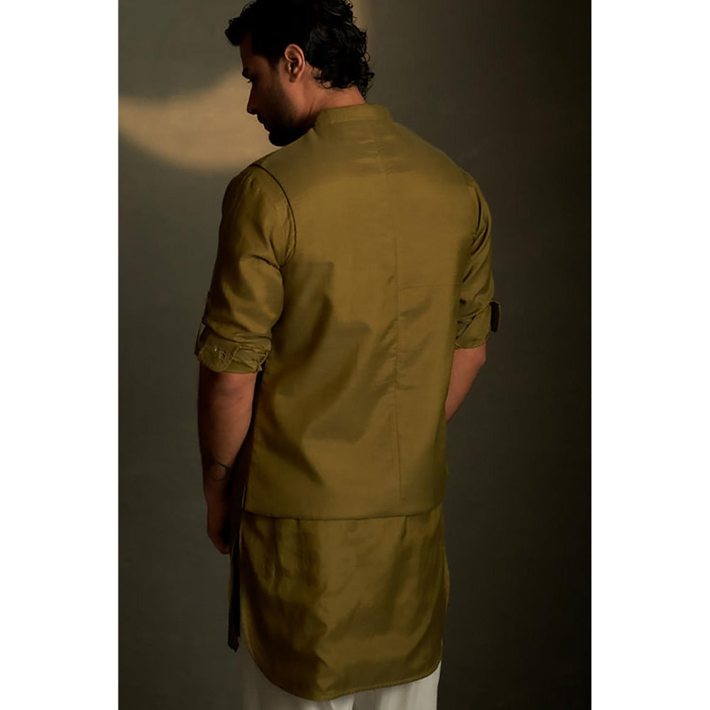 Charkhee Olive Dusk Pathani Kurta and Salwar with Bundi