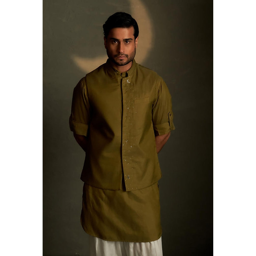 Charkhee Olive Dusk Pathani Kurta and Salwar with Bundi