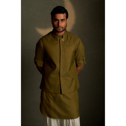 Charkhee Olive Dusk Pathani Kurta and Salwar with Bundi