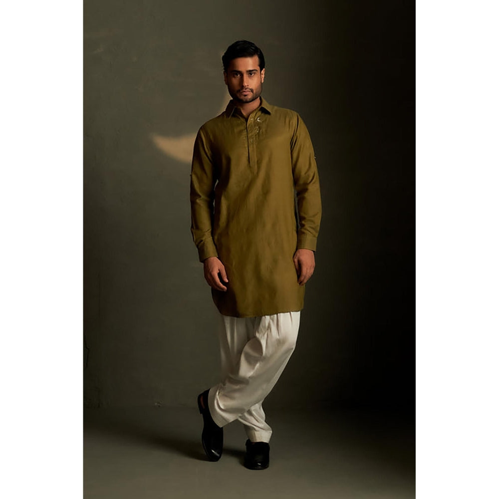 Charkhee Olive Dusk Pathani Kurta and Salwar with Bundi