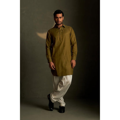 Charkhee Olive Dusk Pathani Kurta and Salwar with Bundi