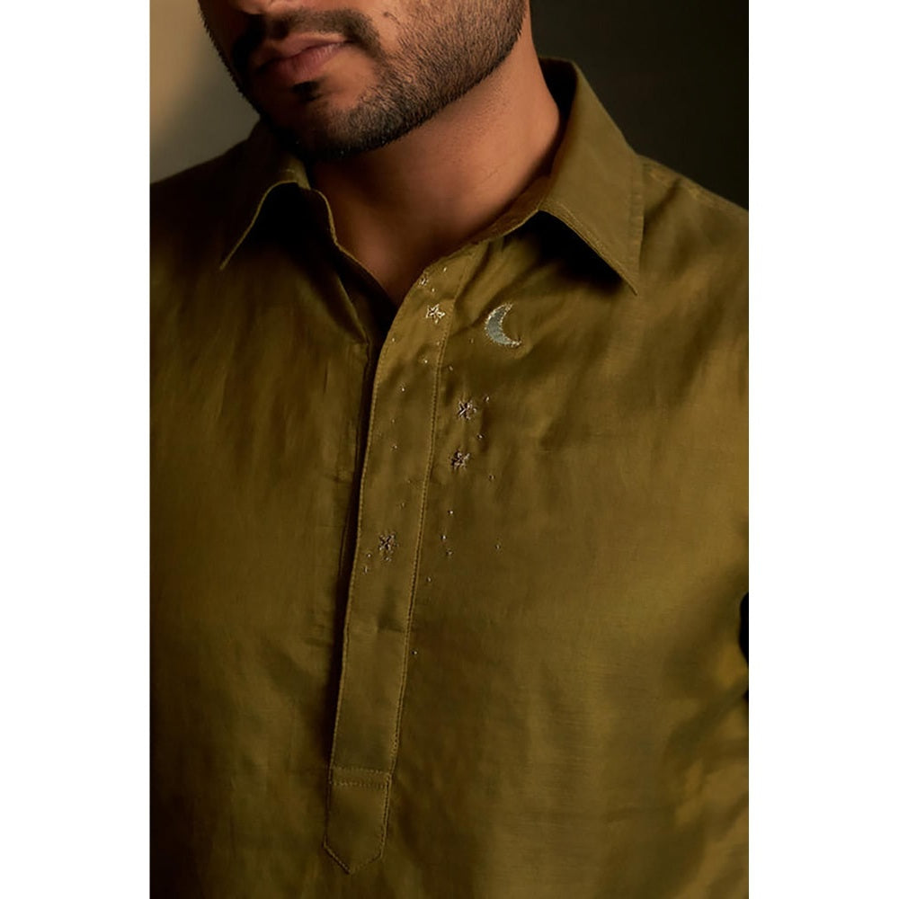 Charkhee Olive Dusk Pathani Kurta and Salwar with Bundi