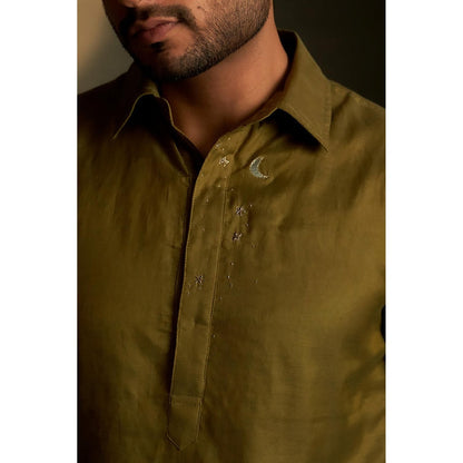 Charkhee Olive Dusk Pathani Kurta and Salwar with Bundi