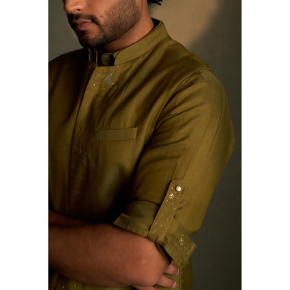 Charkhee Olive Dusk Pathani Kurta and Salwar with Bundi