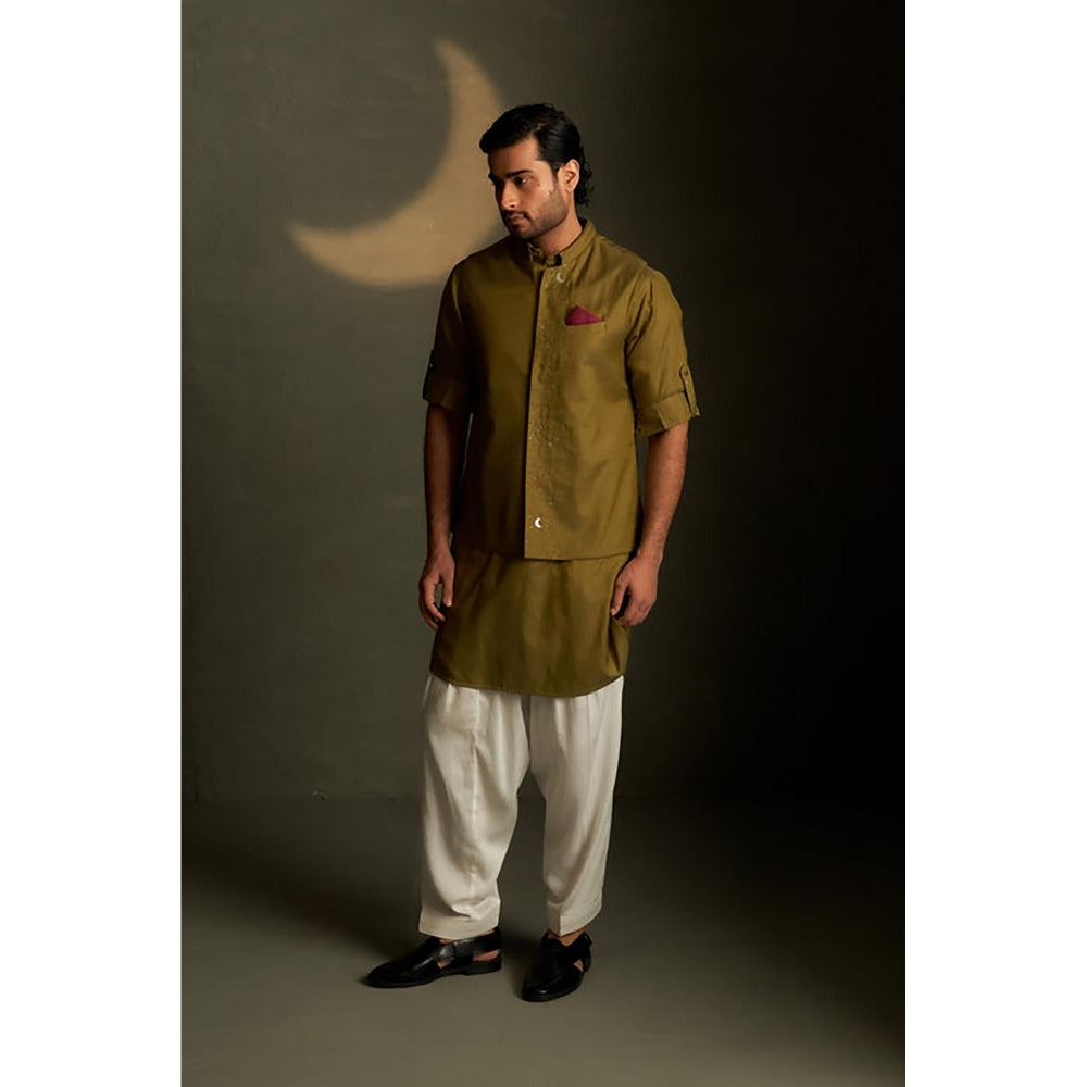 Charkhee Olive Dusk Pathani Kurta and Salwar with Bundi