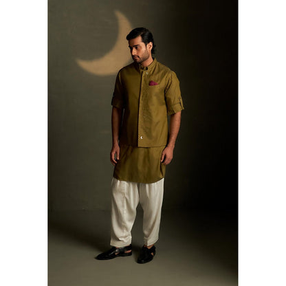Charkhee Olive Dusk Pathani Kurta and Salwar with Bundi